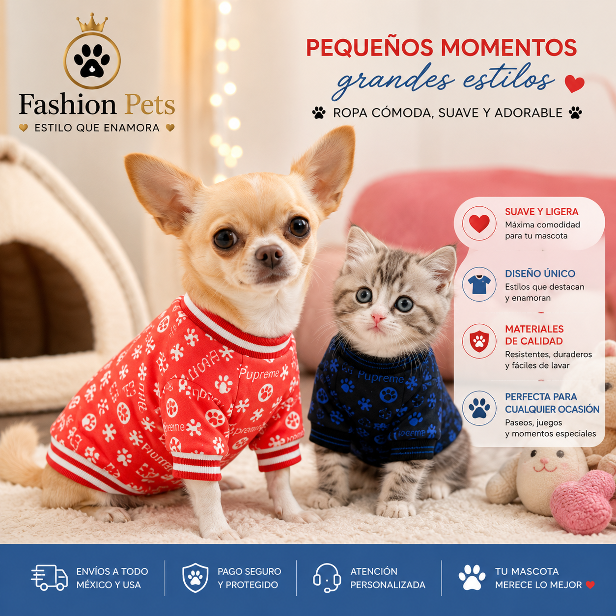 Sweater premium estilo supreme. Para razas minis o pequeñas y gatitos.