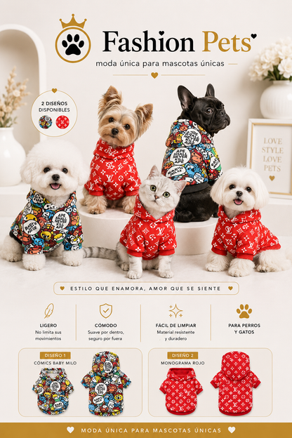 sudadera urbana estampada y roja tipo LV con exceso de estilo