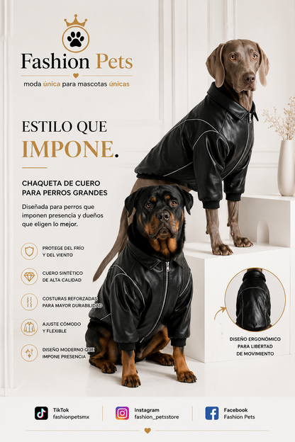 Ropa para perros de razas medianas, grandes y gigantes . Chaqueta de cuero sintetico negra  para labradores, golden retrievers y samoyedos